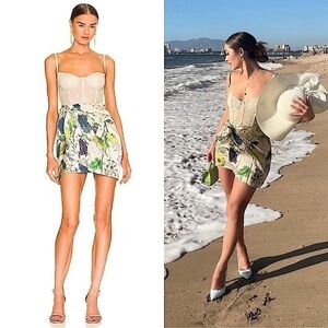 KATIE MAY Ivory Lace Bustier Floral Satin‎ Faux Wrap Skirt Sleeveless Dress XS